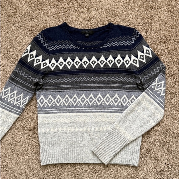 J. Crew Nordic Fair Isle Navy Grey Wool Blend Crewneck Sweater - Picture 1 of 8